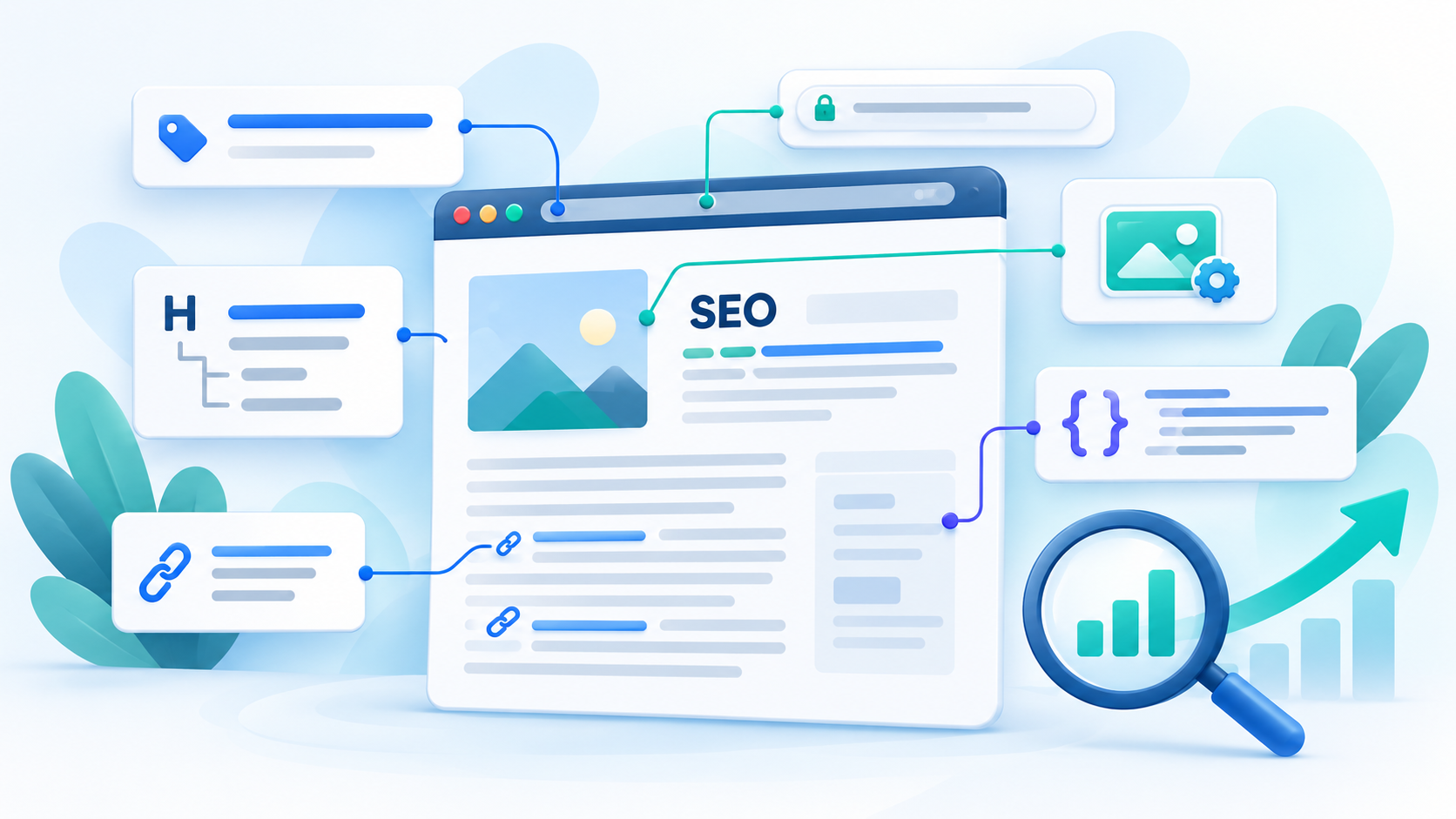 Illustration of a webpage with headings, internal links, image optimization, schema markup, and search visibility icons