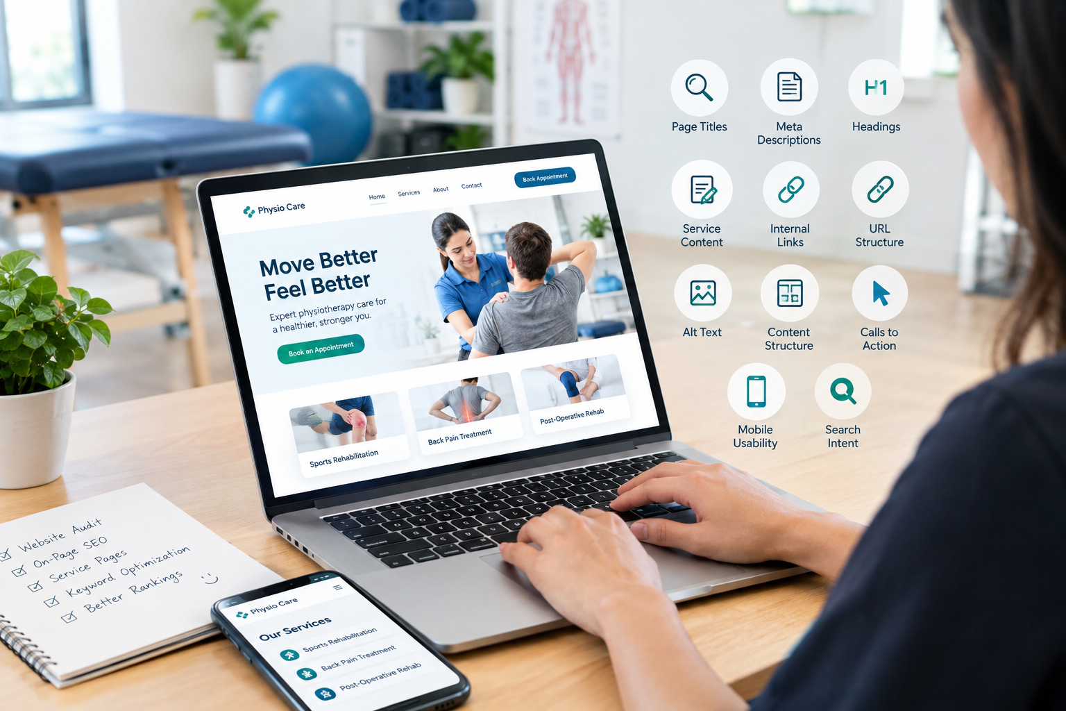 Physiotherapy website SEO with optimized service pages and mobile-friendly design.