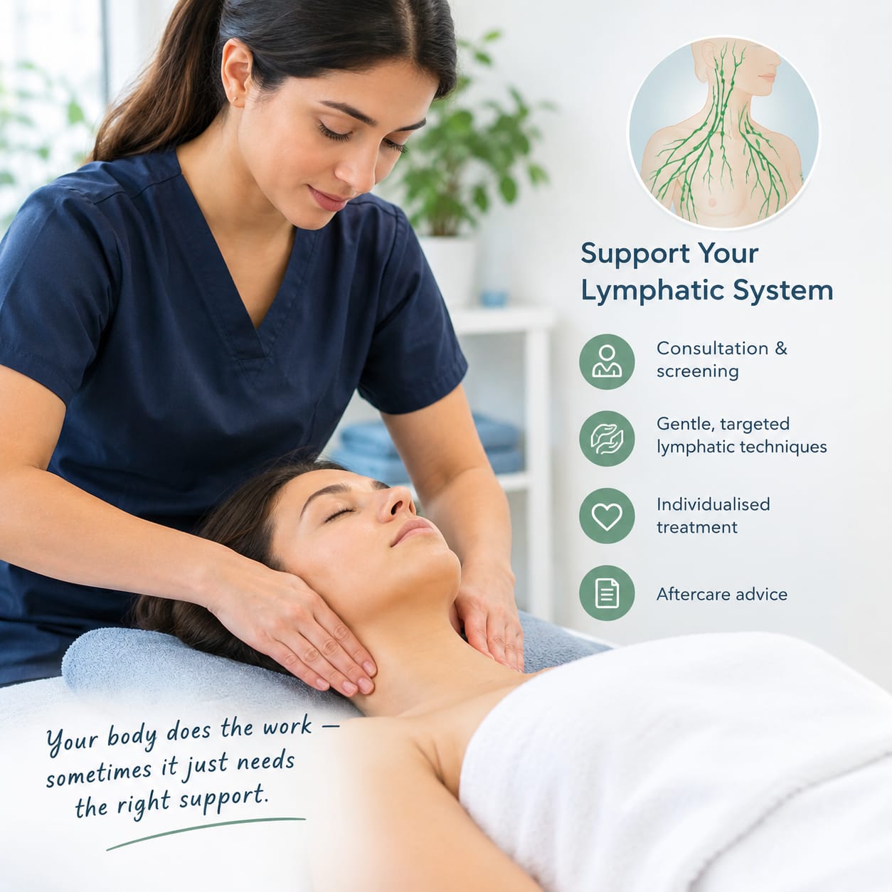 Lymphatic drainage therapy supporting lymphatic flow with gentle manual treatment by a therapist