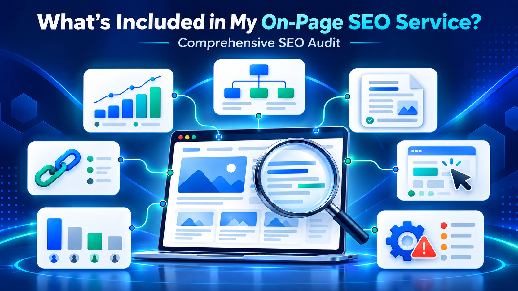 An on-page SEO audit illustration showing a magnifying glass examining a website, with icons for rankings, site structure, content, links, and technical issues.