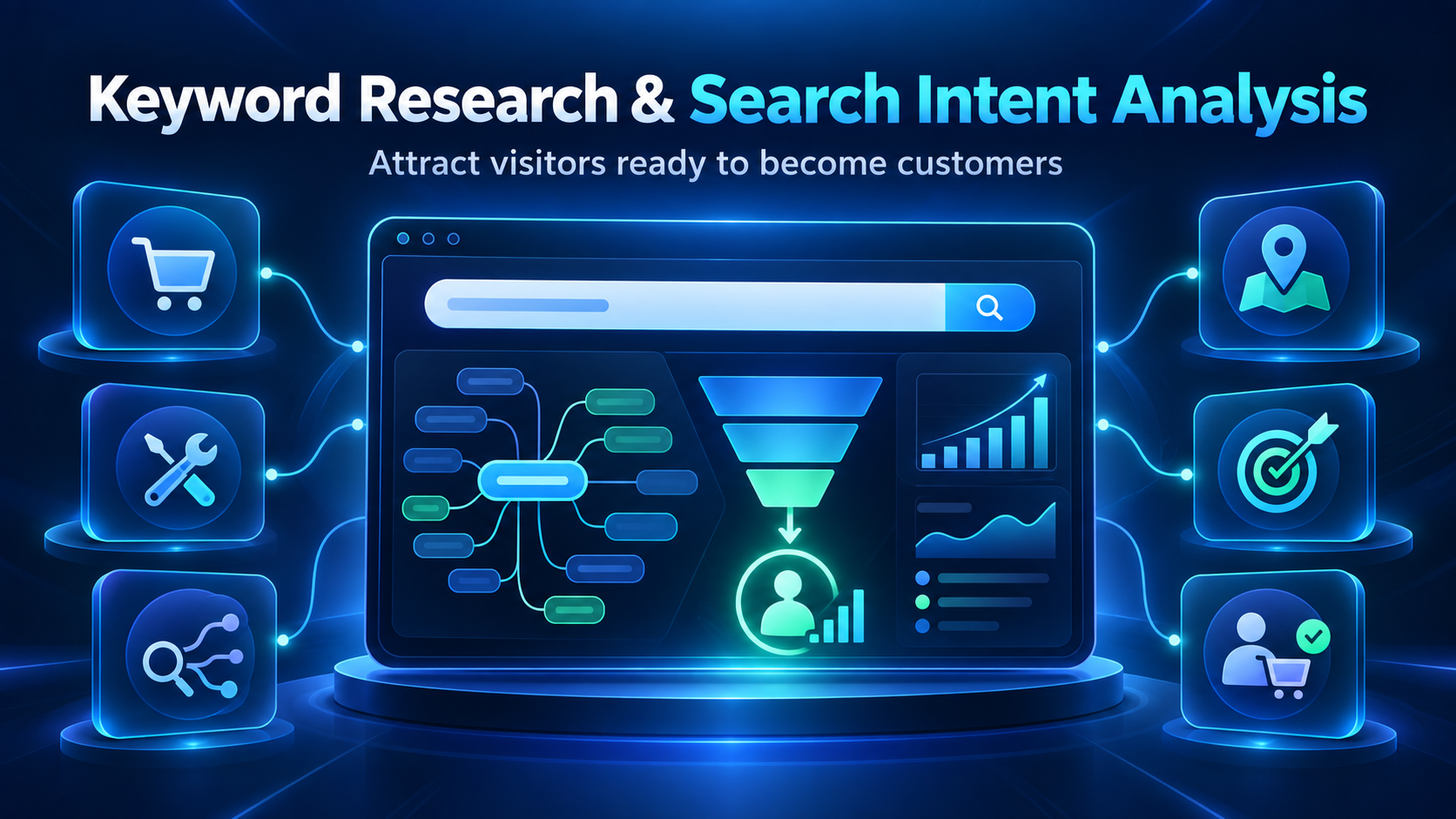 Keyword research and search intent analysis illustration showing a search bar, keyword clusters, conversion funnel, and icons for service, location, and buyer intent keywords.