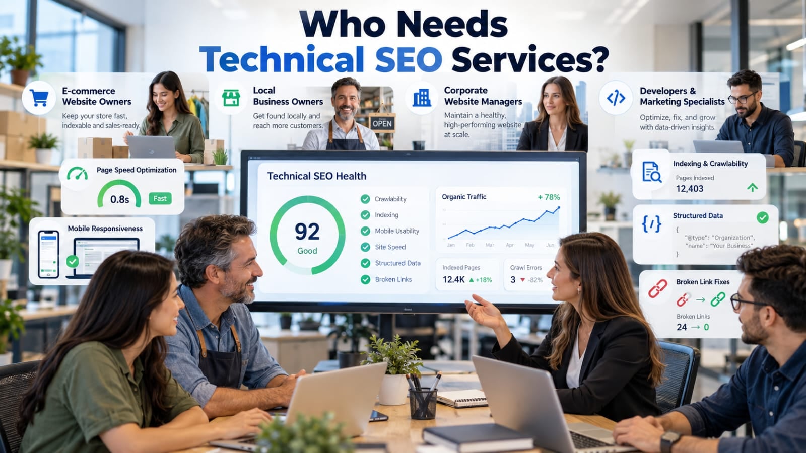 Technical SEO services dashboard showing website optimization, speed, indexing, crawlability, and SEO performance analysis for businesses.