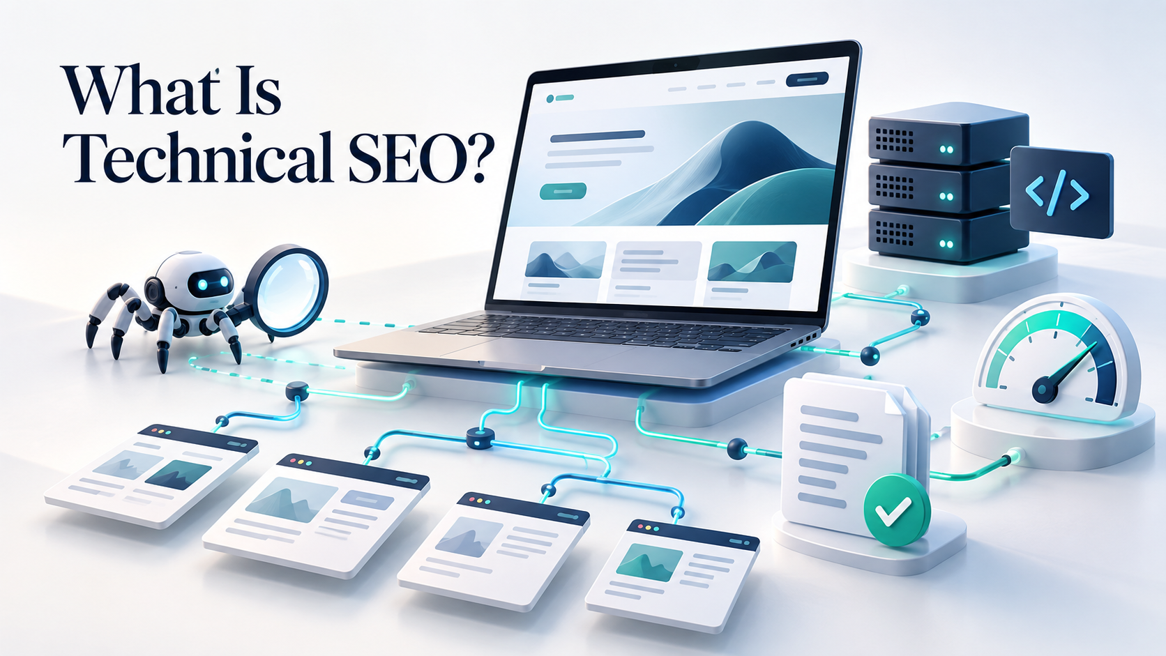 Technical SEO illustration showing website crawling, indexing, page structure, servers, and speed optimization.