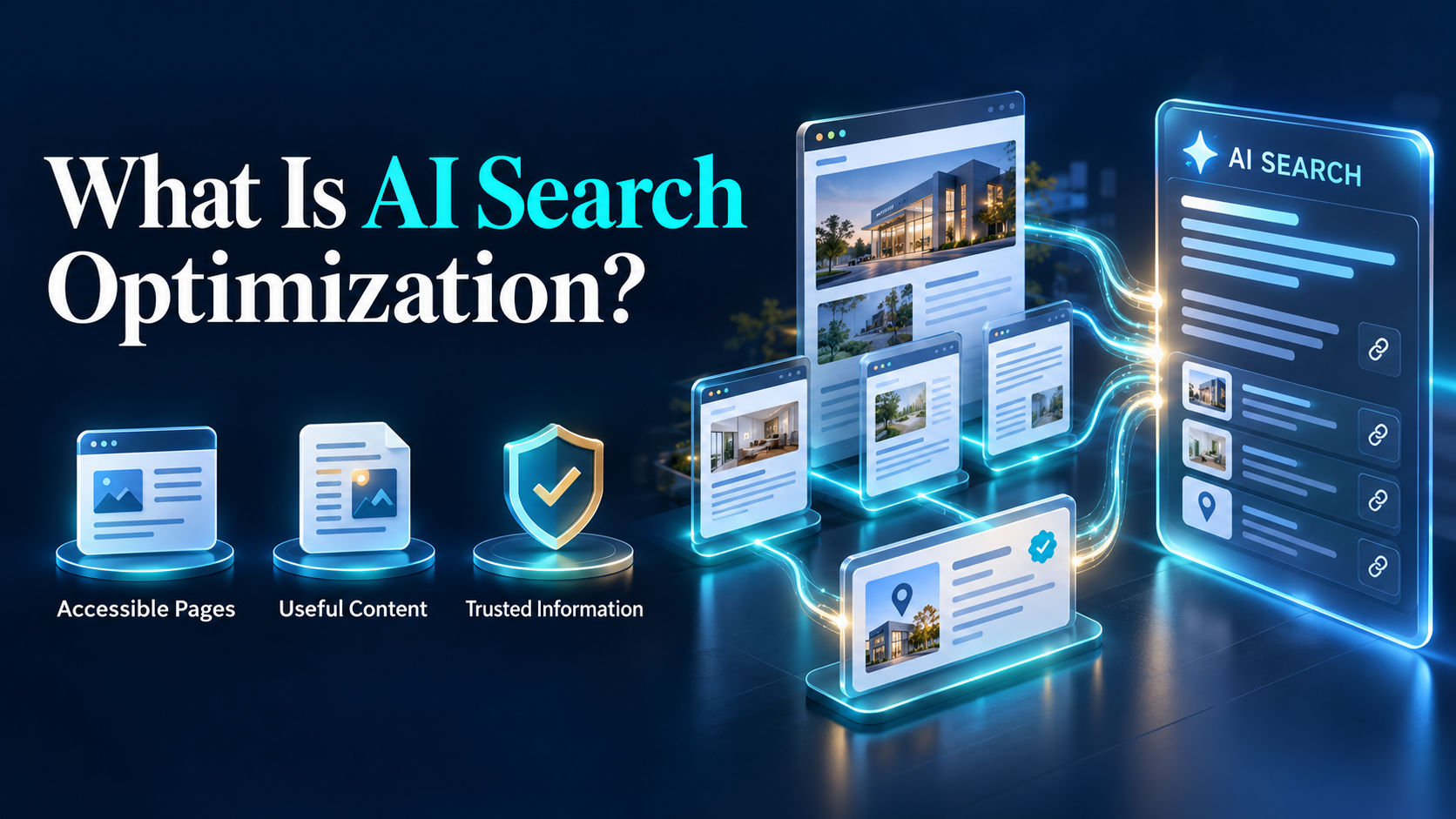 Website pages and verified business information connected to an AI search interface, illustrating AI search optimization.