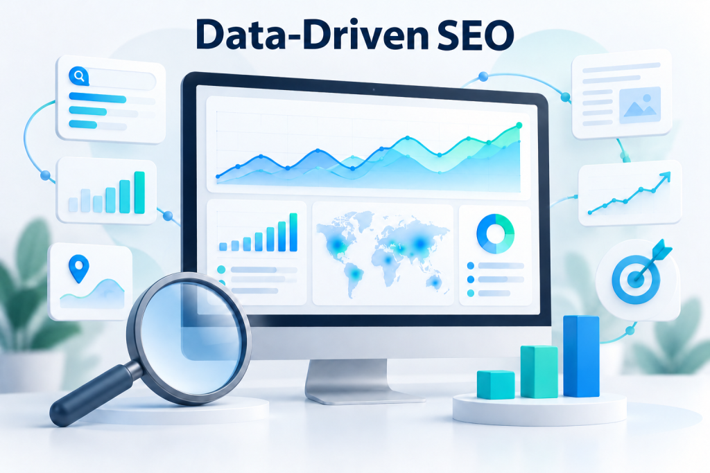 “Data-driven SEO illustration featuring search analytics, website traffic trends, and performance dashboards.”