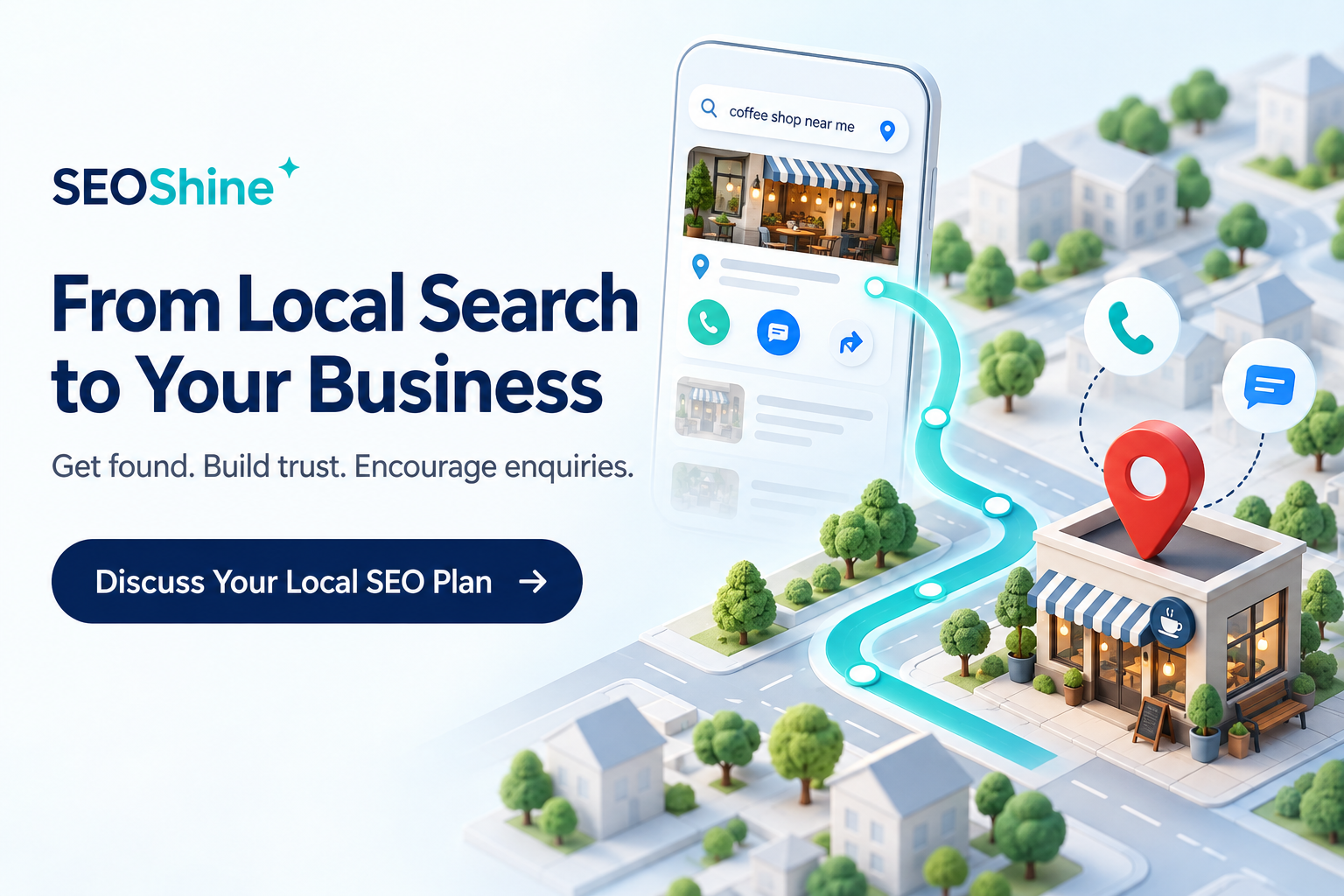 “SEOShine illustration showing a clear path from local search to a business, with a map pin, phone and enquiry icons.”