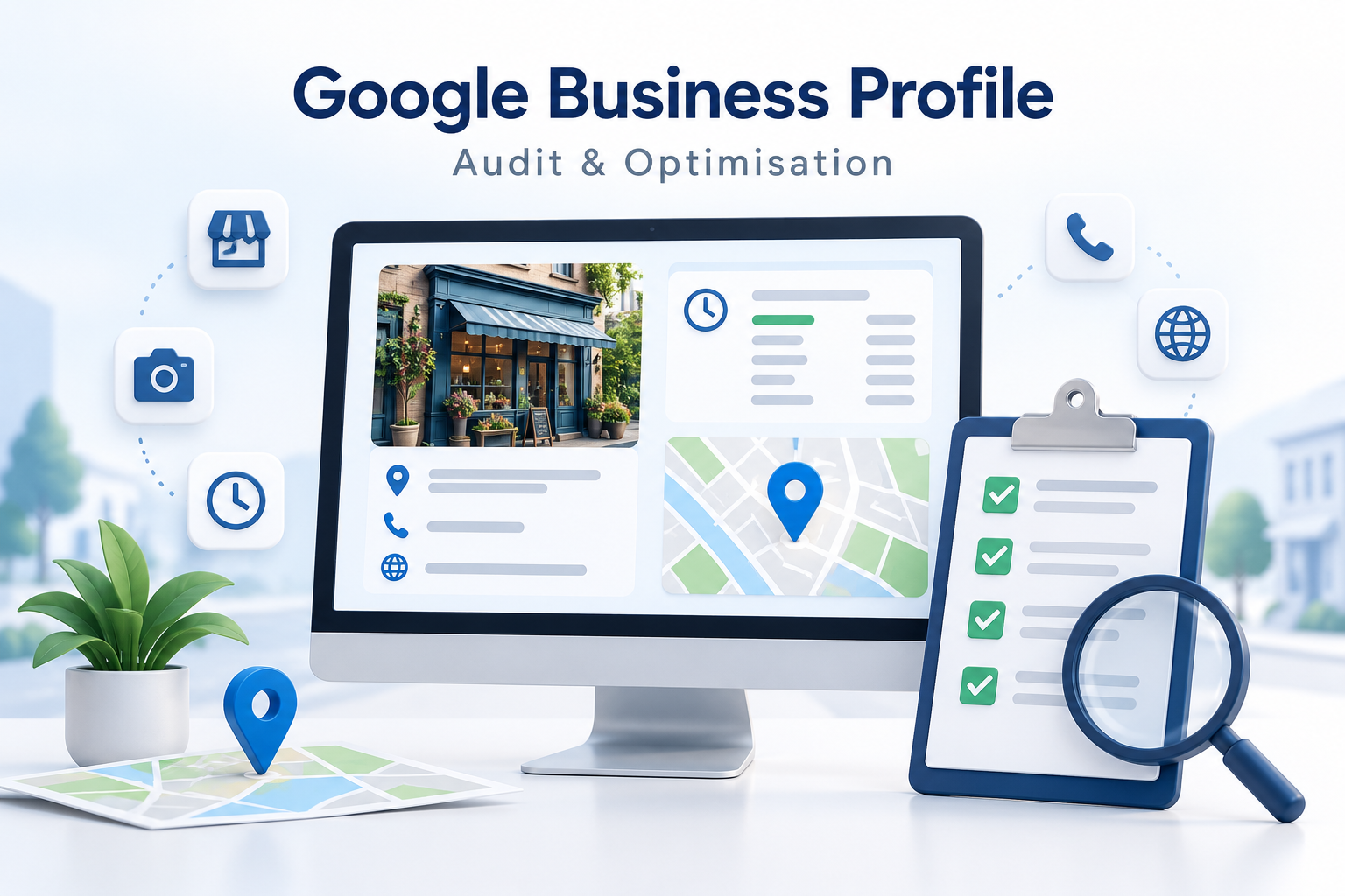 Google Business Profile audit and optimisation illustration showing business details, opening hours, contact information, a location map and an audit checklist.