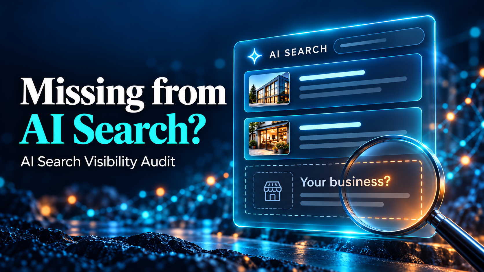 AI search results illustration showing a missing business listing highlighted by a magnifying glass.