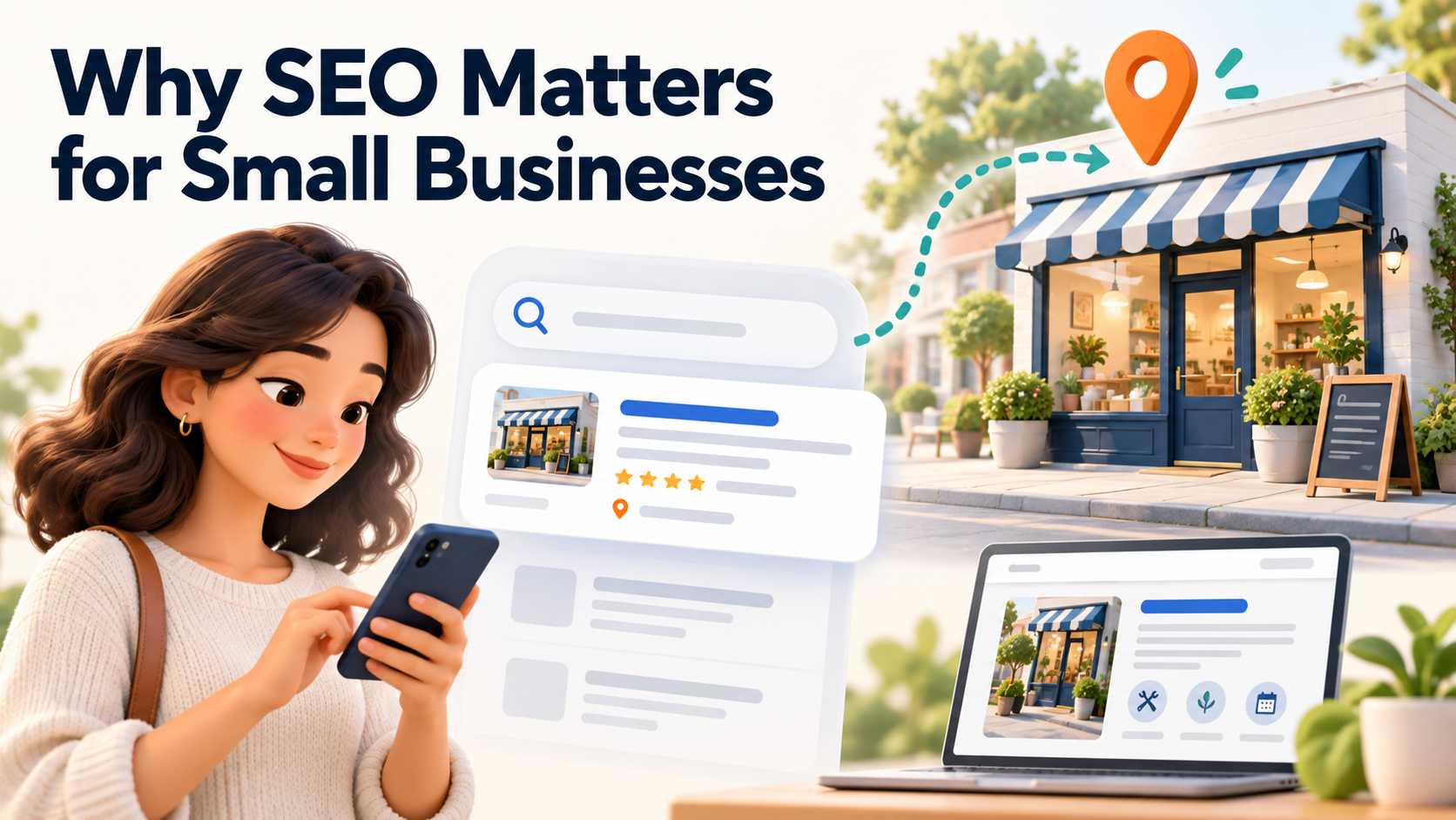 Alt text: Customer using a smartphone to find a local small business through search results, alongside a storefront and business website.