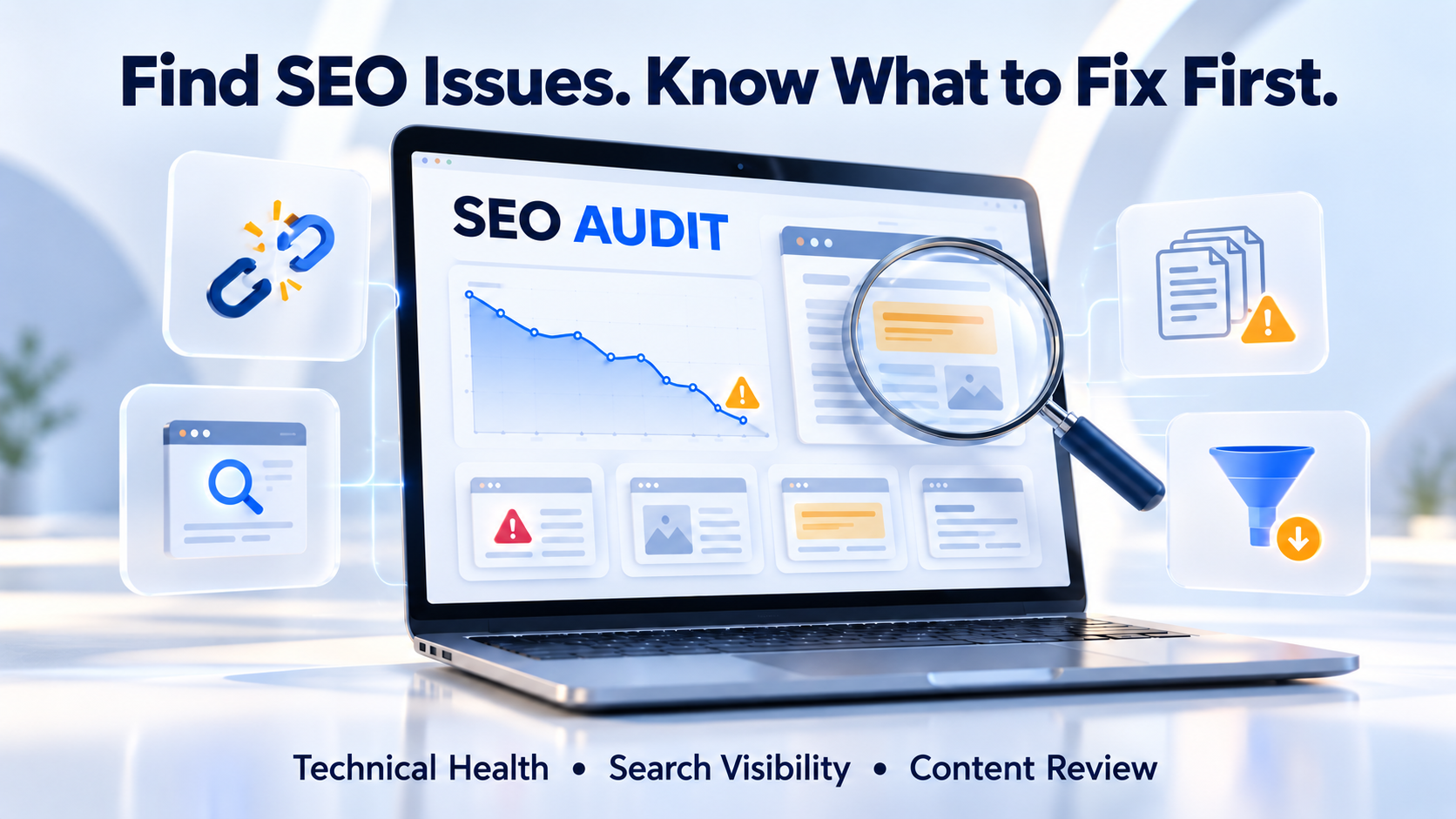 SEO audit illustration showing declining traffic, broken links and website issues.