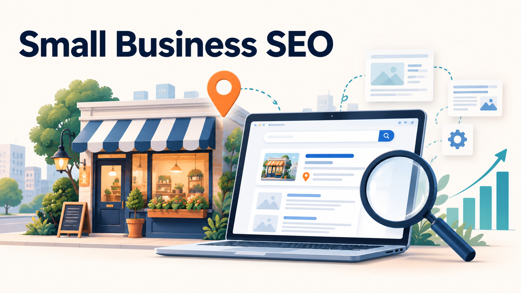 “Small business SEO illustration showing a local storefront, website search results, and online growth.”