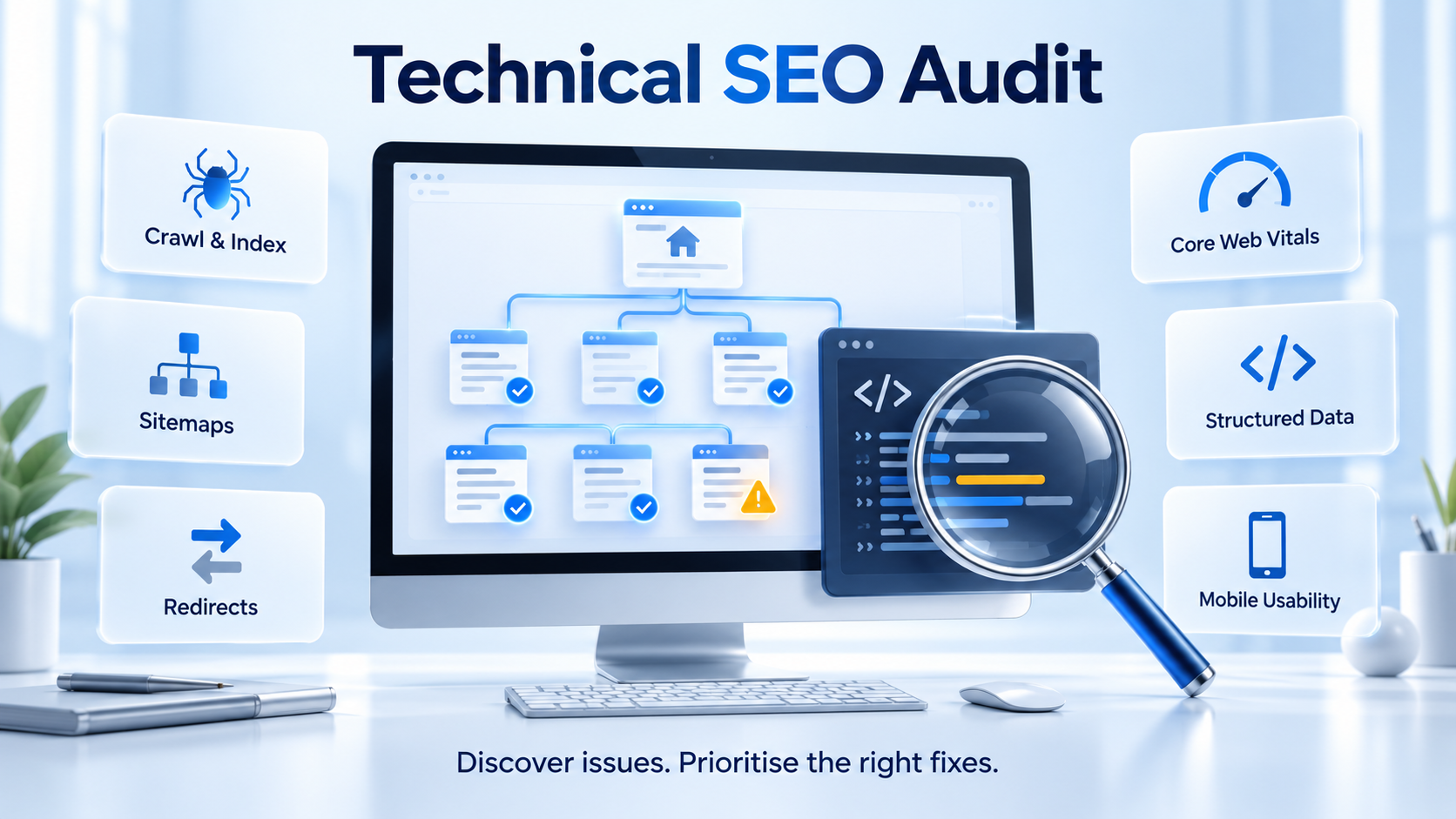 Technical SEO audit illustration showing crawlability, sitemaps, redirects, Core Web Vitals, structured data and mobile usability.