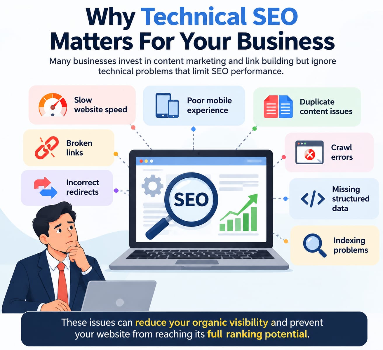 Technical SEO issues affecting website ranking and visibility.