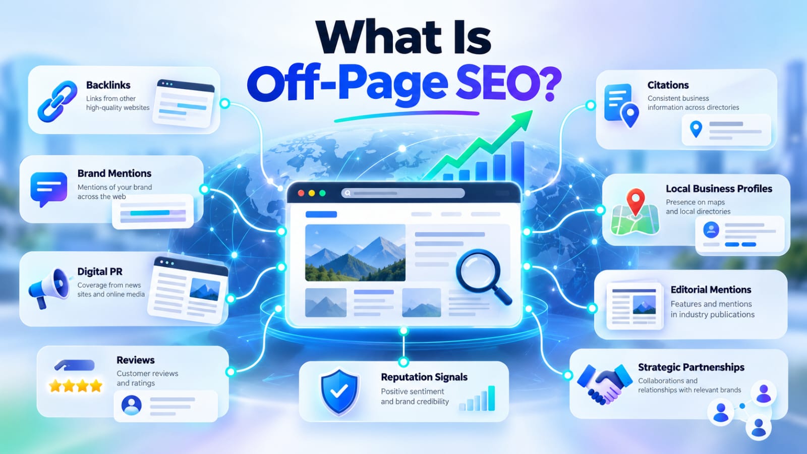 ff-Page SEO strategies including backlinks, brand mentions, citations, reviews, and digital PR