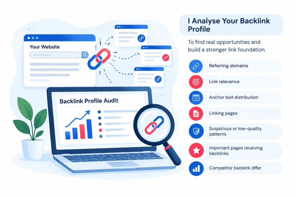 Backlink profile audit for off-page SEO showing referring domains, link relevance, anchor text, linking pages, and competitor backlink analysis