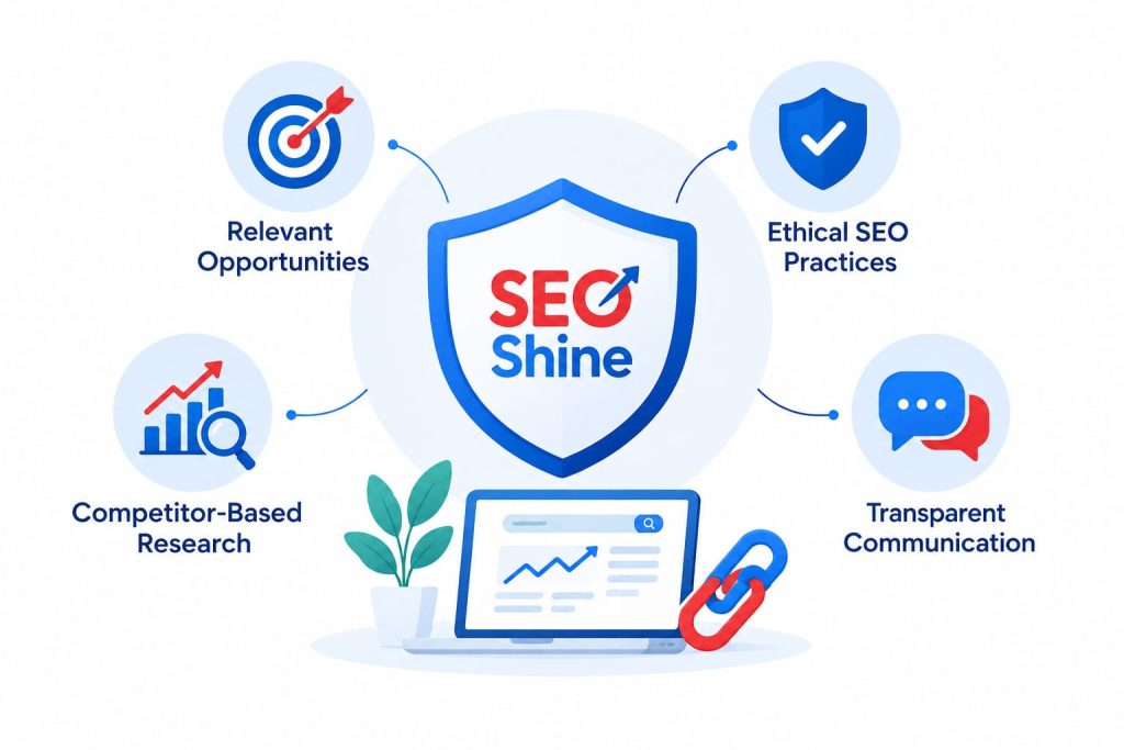 Shine off-page SEO approach with ethical link building, competitor research, relevant opportunities, and transparent communication